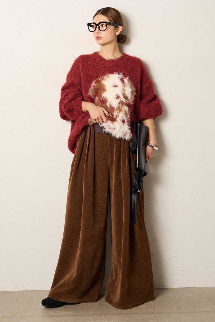 [SET]シャギーニュアンスアニマルニット+ベルトループコーデュロイワイドパンツ(2set)