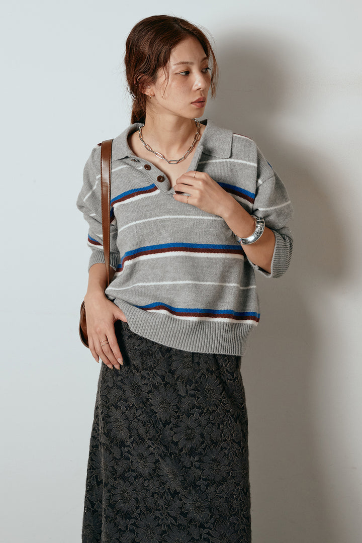 [SET]襟付きマルチボーダーニットポロトップス+花柄刺繍ベロアフレアスカート(2set)