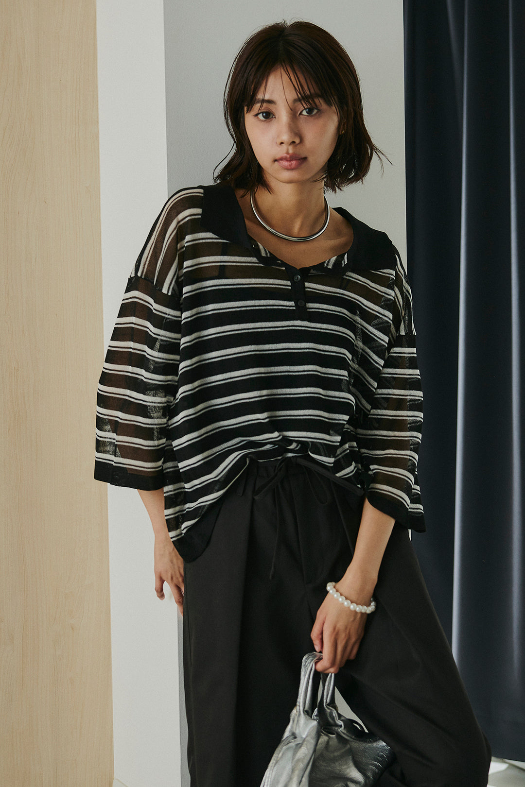 [SET]ボーダーニットポロシャツ+ニーサイドタックウエストドロスパンツ(2set)