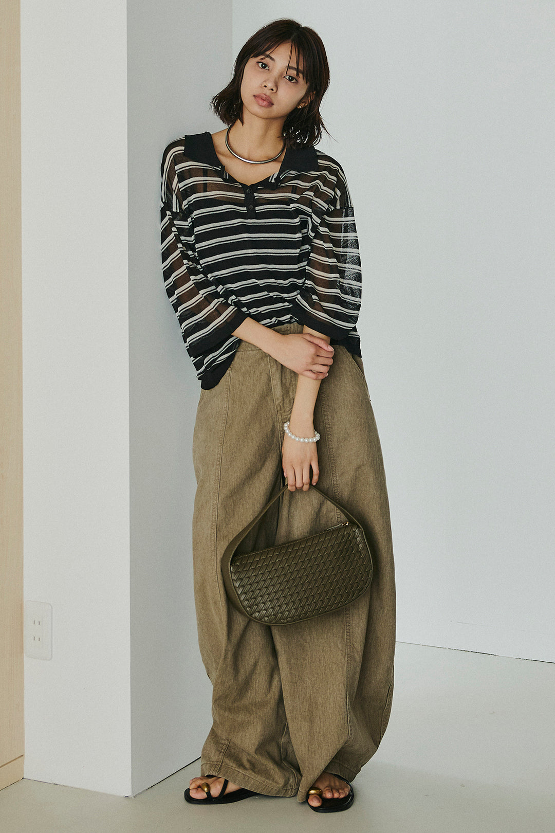 [SET]ボーダーニットポロシャツ+サイドベルトカーブワイドパンツ(2set)