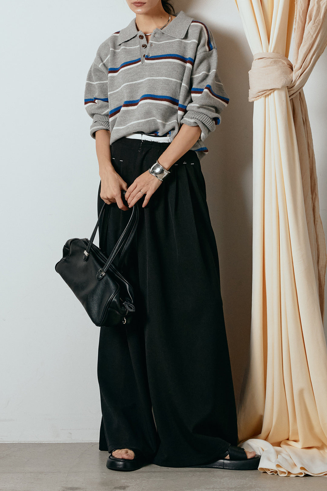 [SET]襟付きマルチボーダーニットポロトップス+ウエストステッチデザインワイドスラックス(2set)
