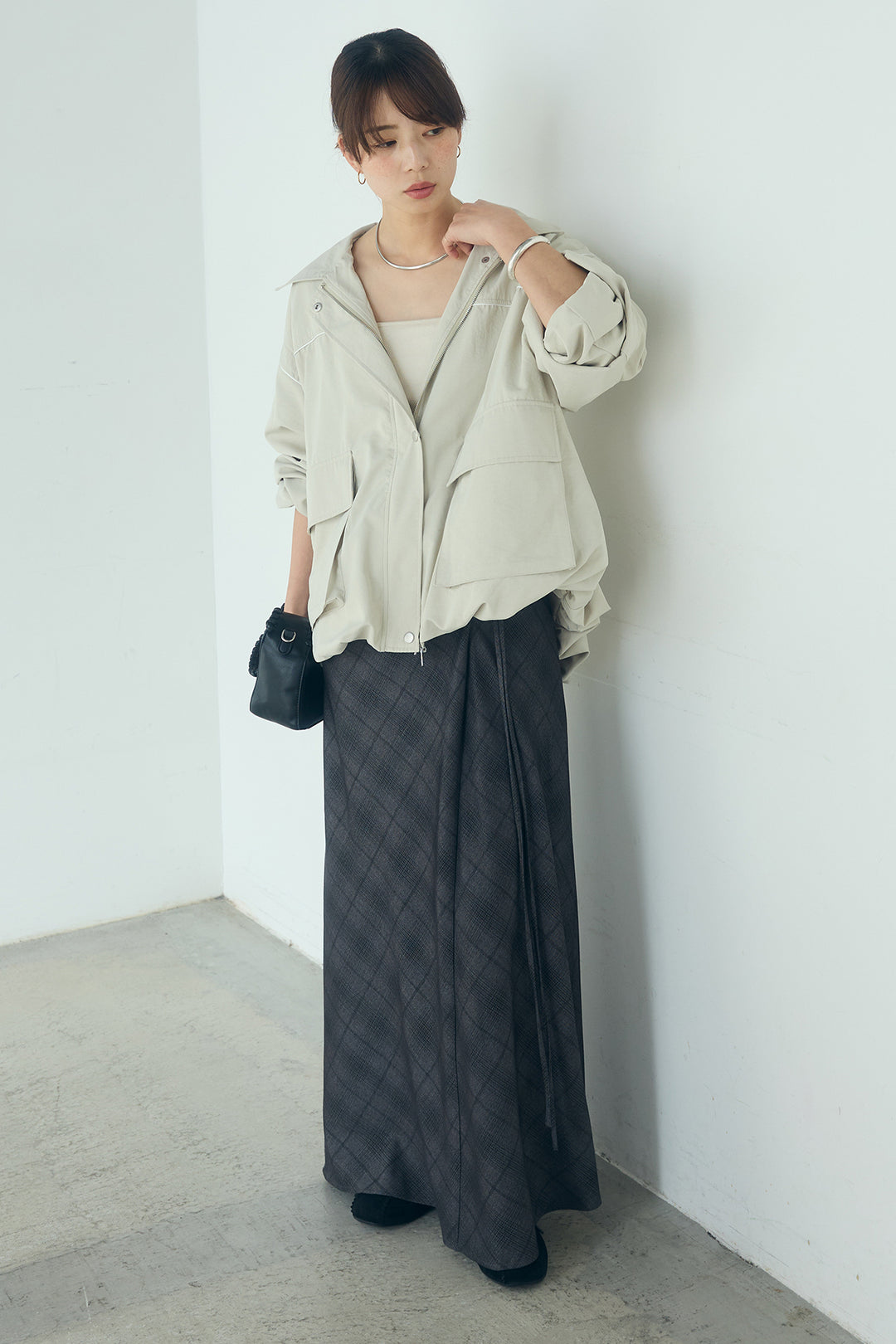 [SET]合繊ツイルバルーンジャケット+タータンチェック柄フロントデザインスカート(2set)