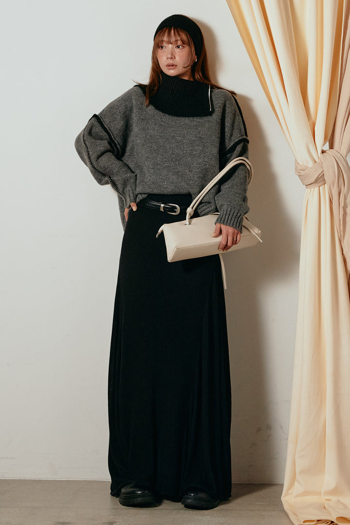 [SET]ハイネックジップデザインニットトップス+サイド切り替えリブニットロングスカート(2set)