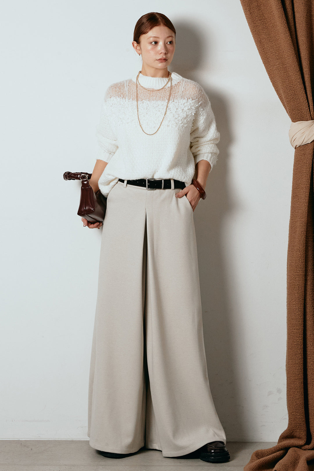 [SET]パターンランダム編みニットトップス+ベルト付きフロントタックデザインパンツ(2set)