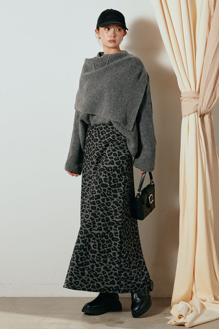 [SET]ケープデザインリブニットトップス+レオパードロングスカート(2set)