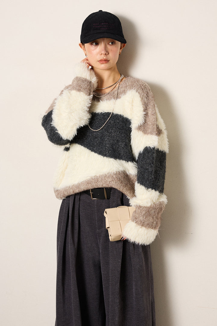 [SET]シャギーウェーブ柄クルーネックニットトップス+ベルトループコーデュロイワイドパンツ(2set)