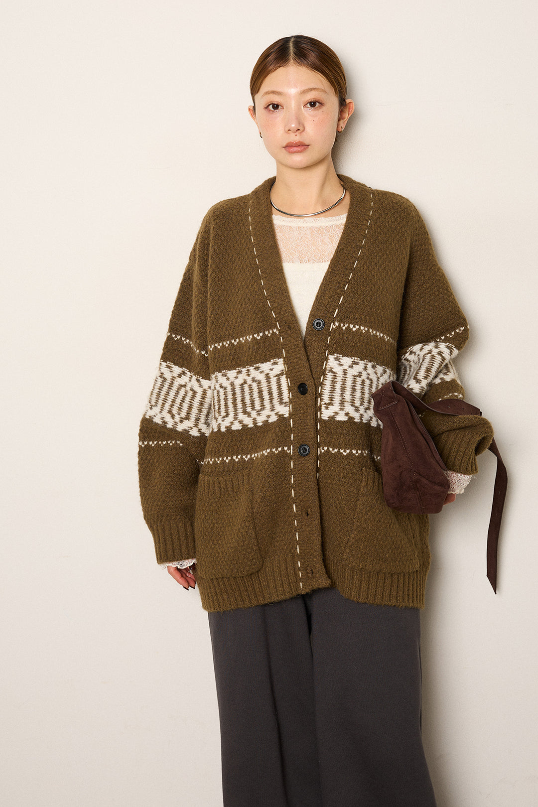 [SET]ライン柄ステッチニットカーディガン+裏起毛スウェットワイドパンツ(2set)