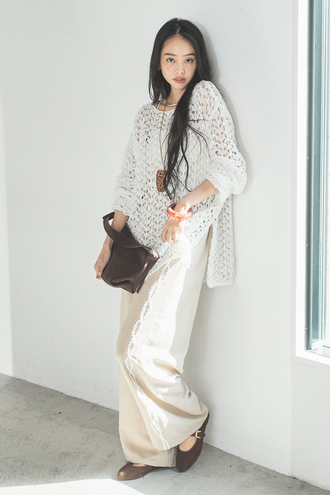 [SET]リラックスメッシュニットトップス+刺繡テープラインパンツ(2set)