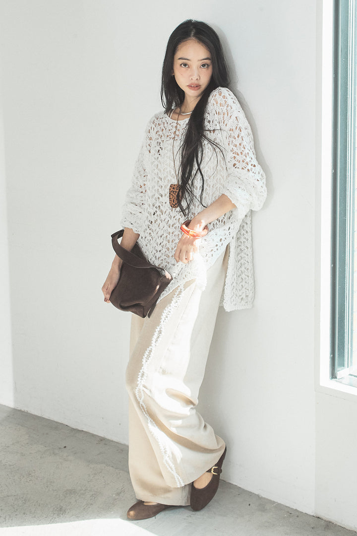 [SET]リラックスメッシュニットトップス+刺繡テープラインパンツ(2set)