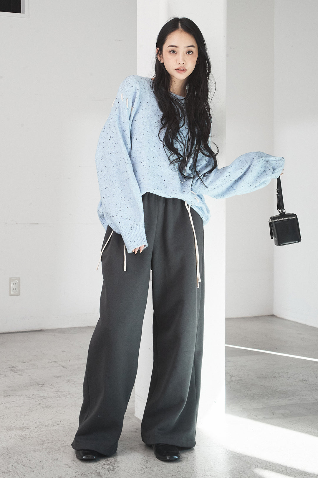 [SET]ネップ編み上げニットトップス+裏起毛スウェットワイドパンツ(2set)