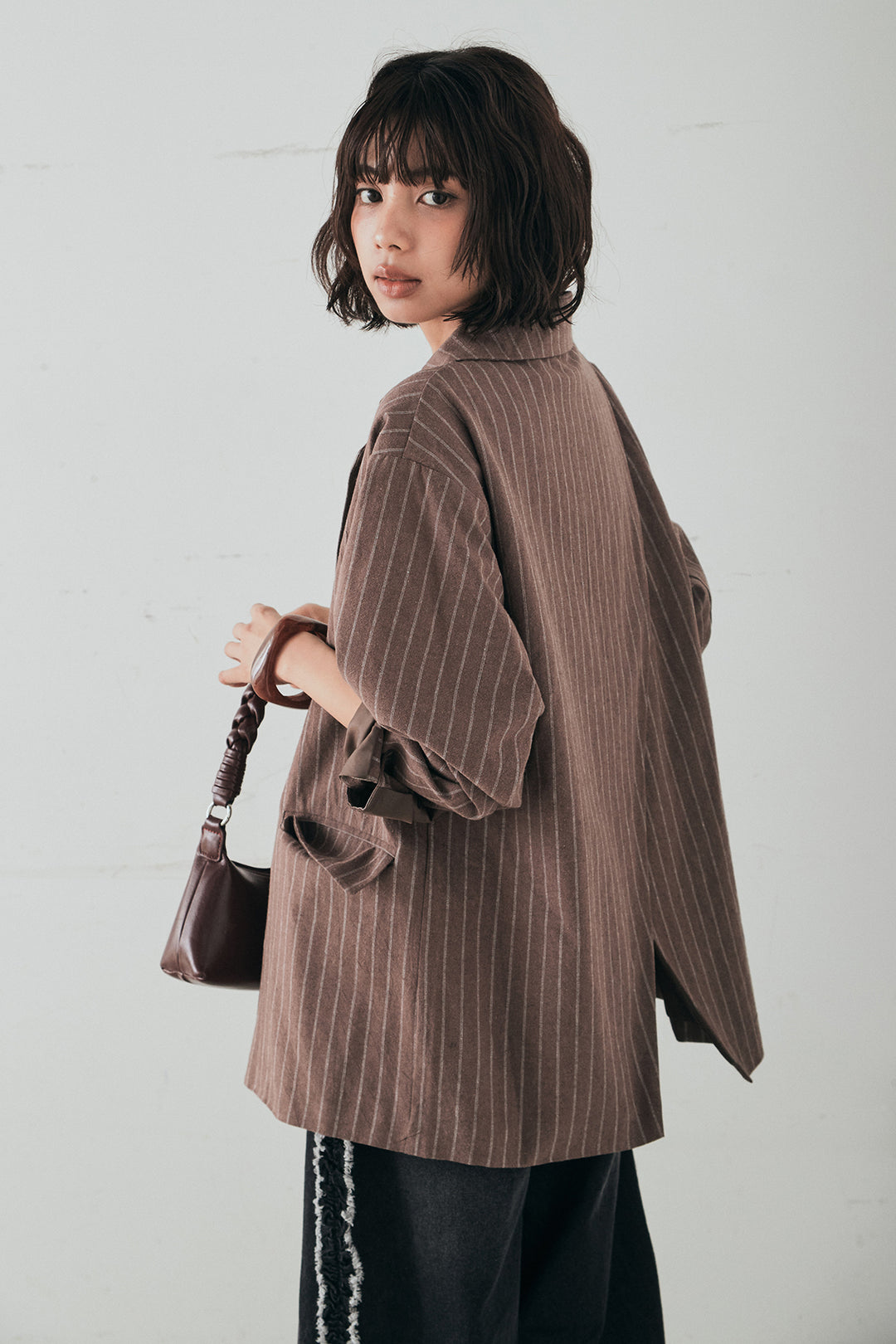 [SET]リネンライクストライプテーラードジャケット+デニムサイドフリルパンツ(2set)