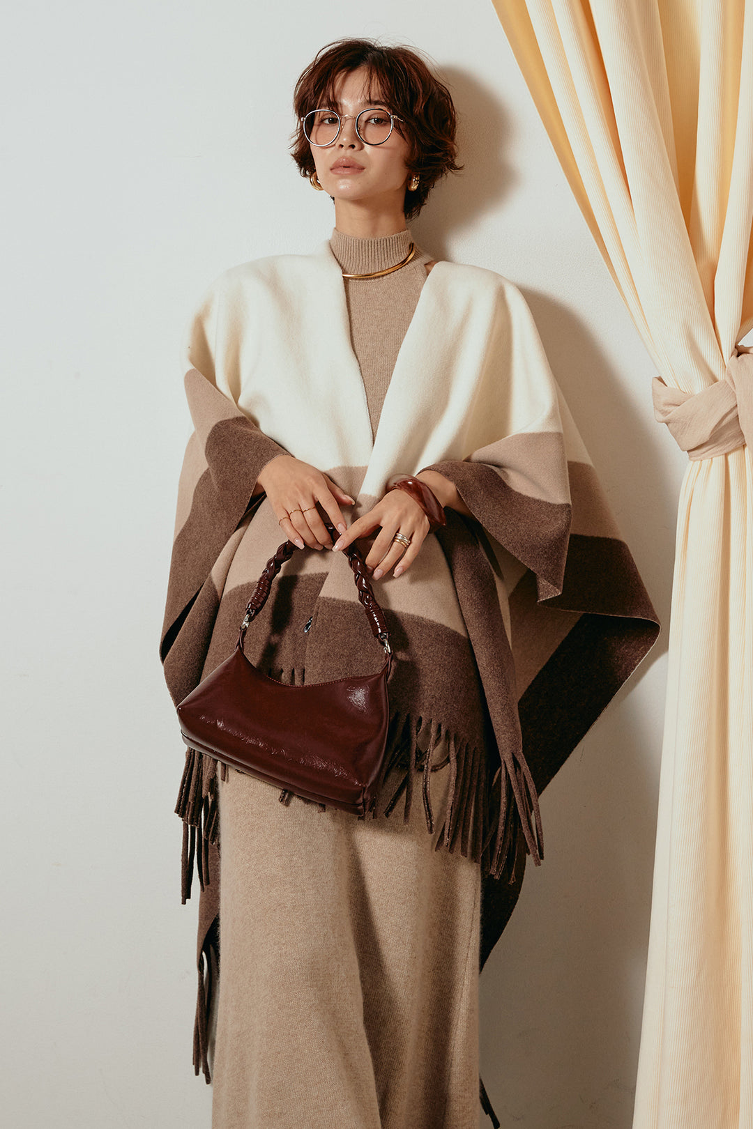 [SET]裾フリンジ柄ポンチョアウター+ノースリーブニットロングワンピース(2set)