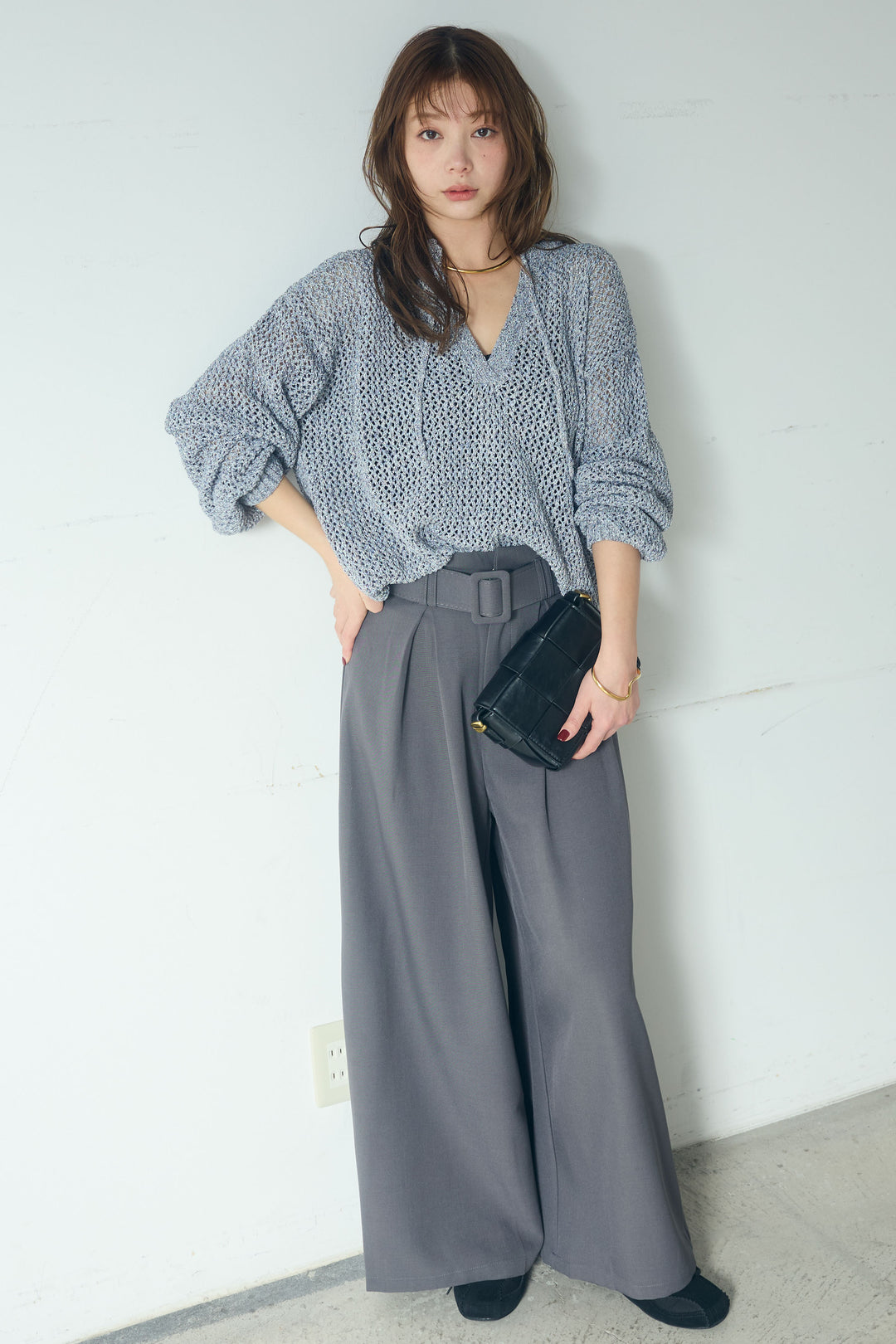 【即納】ミックスメッシュキーネックプルオーバー
