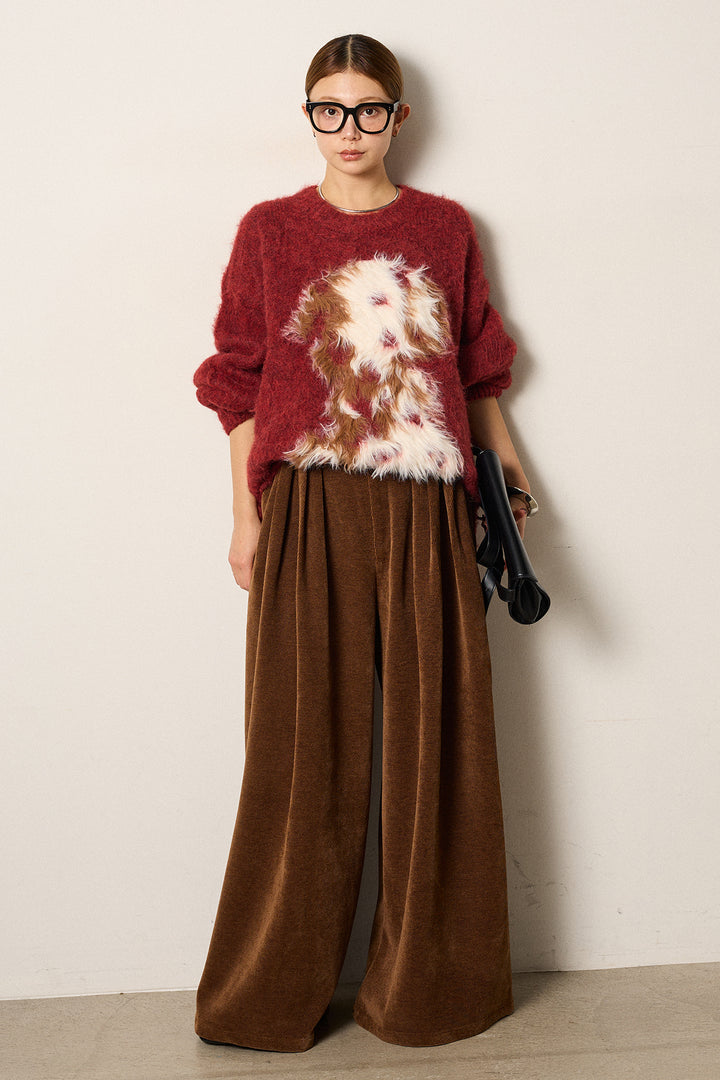 [SET]シャギーニュアンスアニマルニット+ベルトループコーデュロイワイドパンツ(2set)