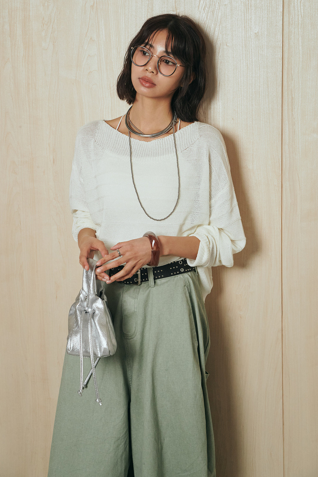 [SET]麻混リラックスニットトップス+ベルト付きカラーデニムパンツ(2set)