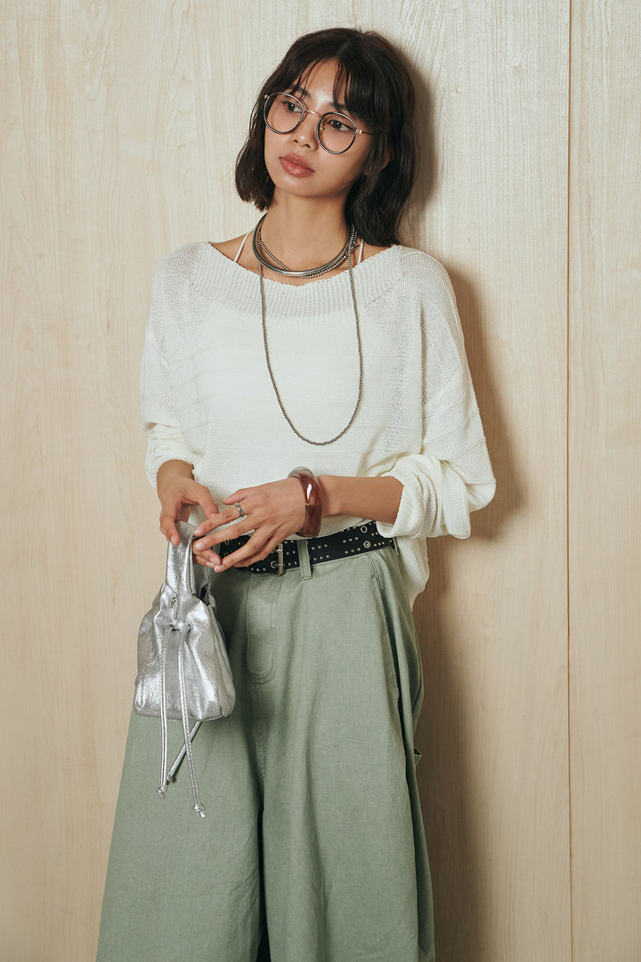 [SET]麻混リラックスニットトップス+ベルト付きカラーデニムパンツ(2set)