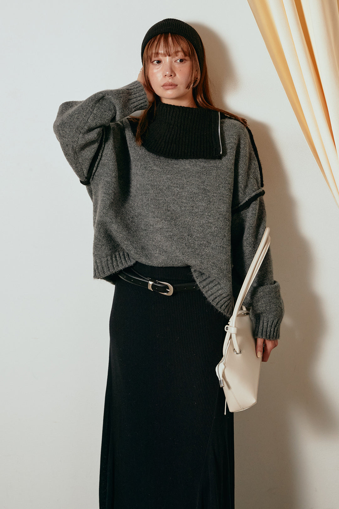 [SET]ハイネックジップデザインニットトップス+サイド切り替えリブニットロングスカート(2set)