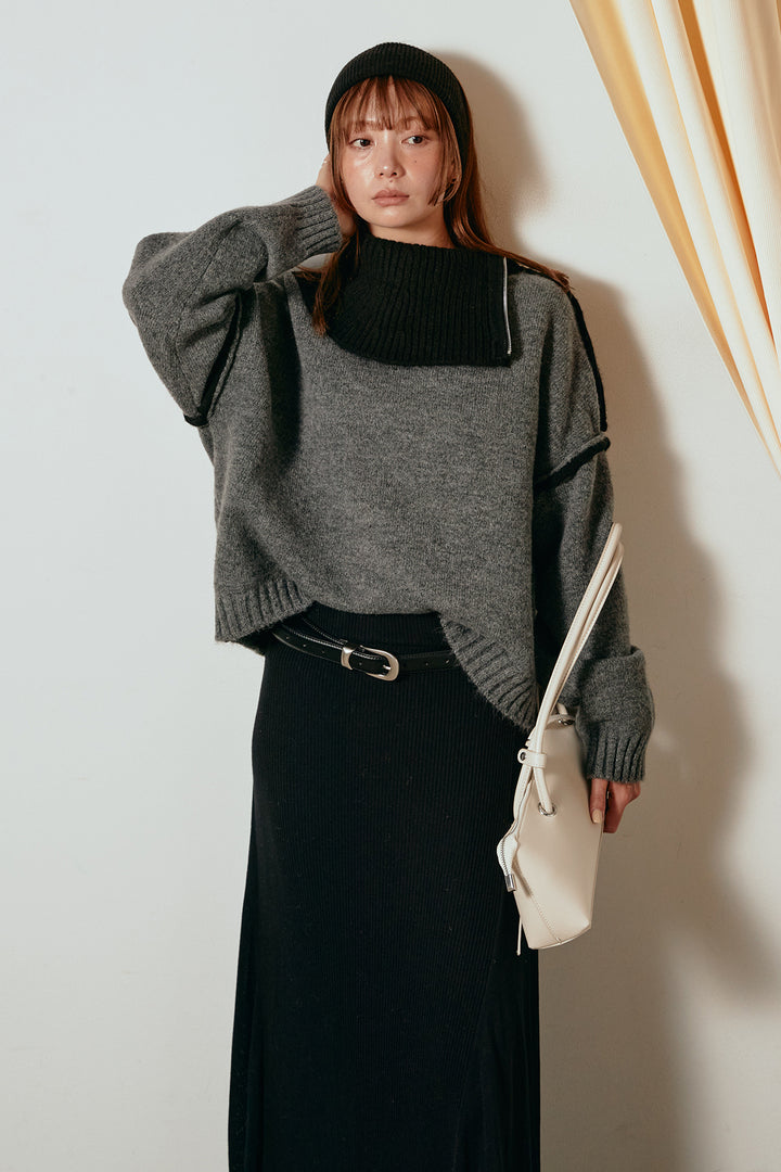 [SET]ハイネックジップデザインニットトップス+サイド切り替えリブニットロングスカート(2set)