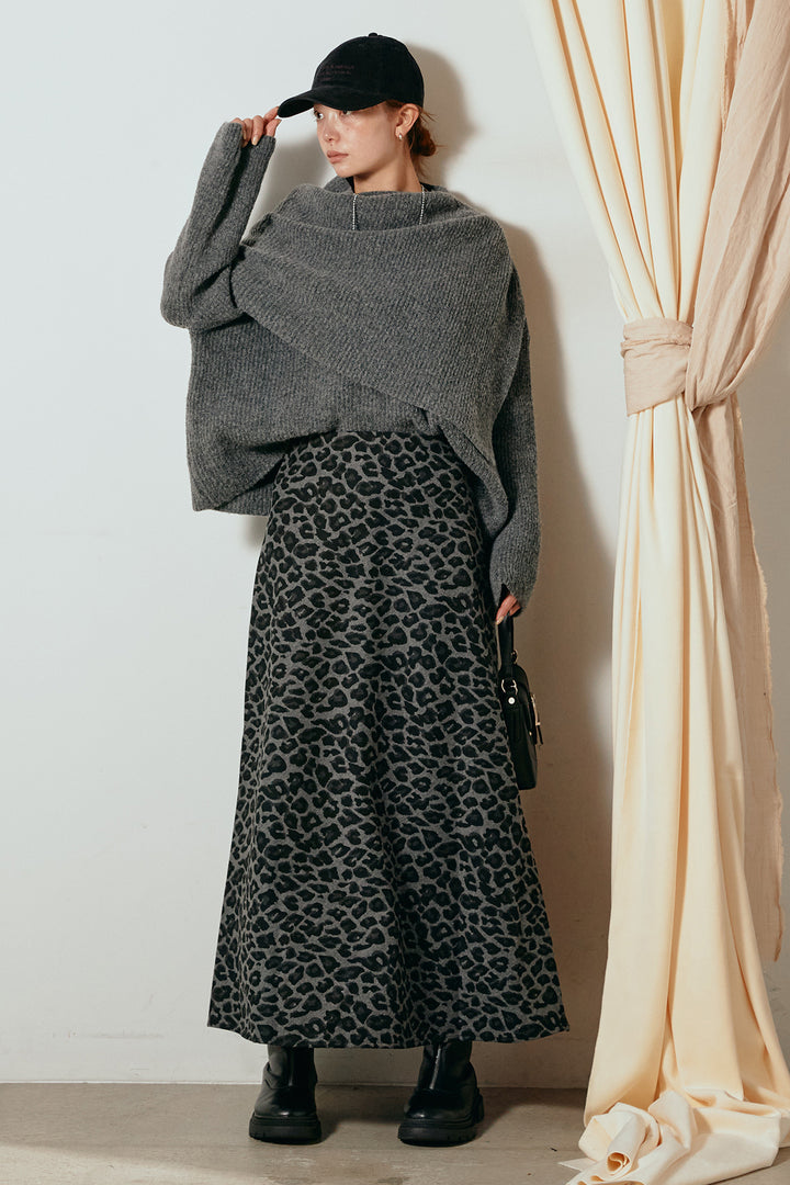 [SET]ケープデザインリブニットトップス+レオパードロングスカート(2set)