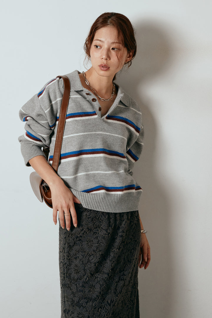 [SET]襟付きマルチボーダーニットポロトップス+花柄刺繍ベロアフレアスカート(2set)