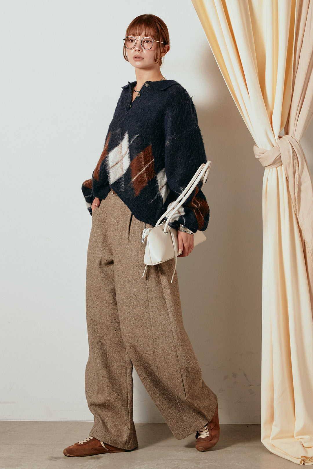 [SET]アーガイル柄ポロニットトップス+ベルト付きネップツイードカーブパンツ(2set)