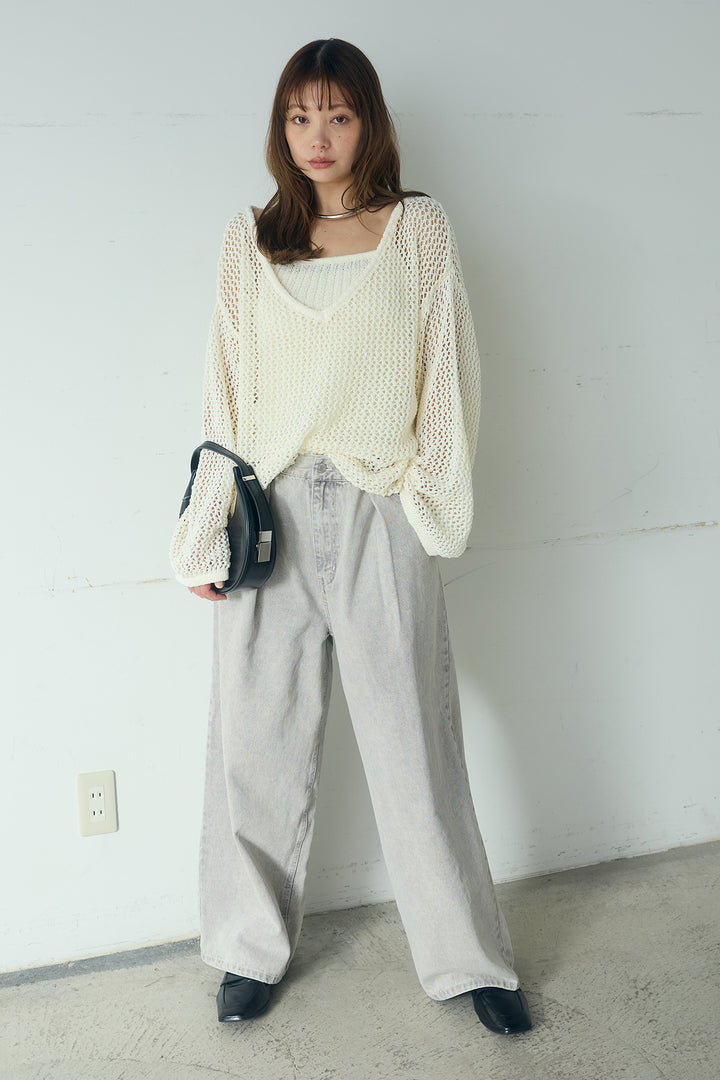 [SET]メッシュ編みビスチェセットVネックプルオーバー+カラーデニムタックカーブパンツ(2set)