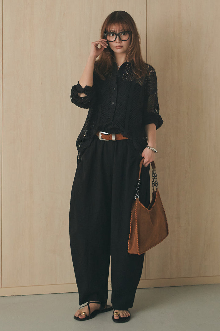 [SET]長袖襟付きレースシャツ+ポケットタックフォルムパンツ(2set)