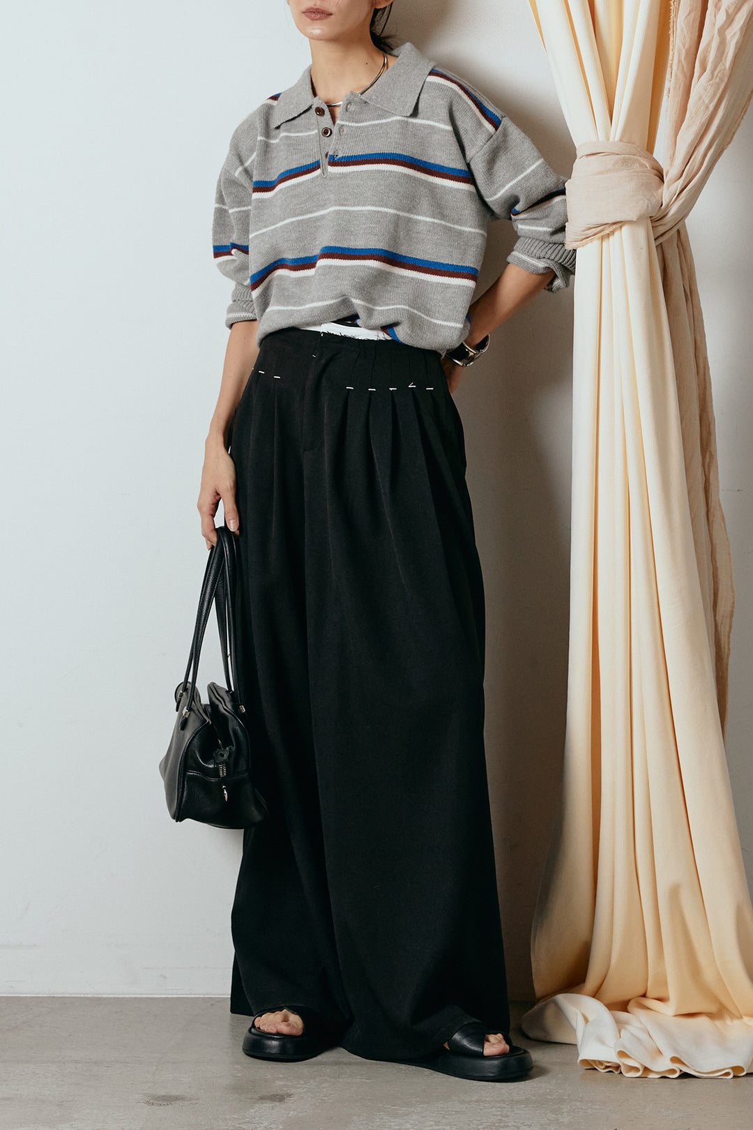 [SET]襟付きマルチボーダーニットポロトップス+ウエストステッチデザインワイドスラックス(2set)