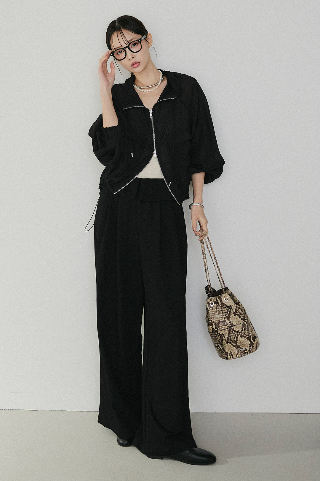 [SET]裾ドロストシアーWジップフーディーブルゾン+ウエスト折り返しワイドパンツ(2set)