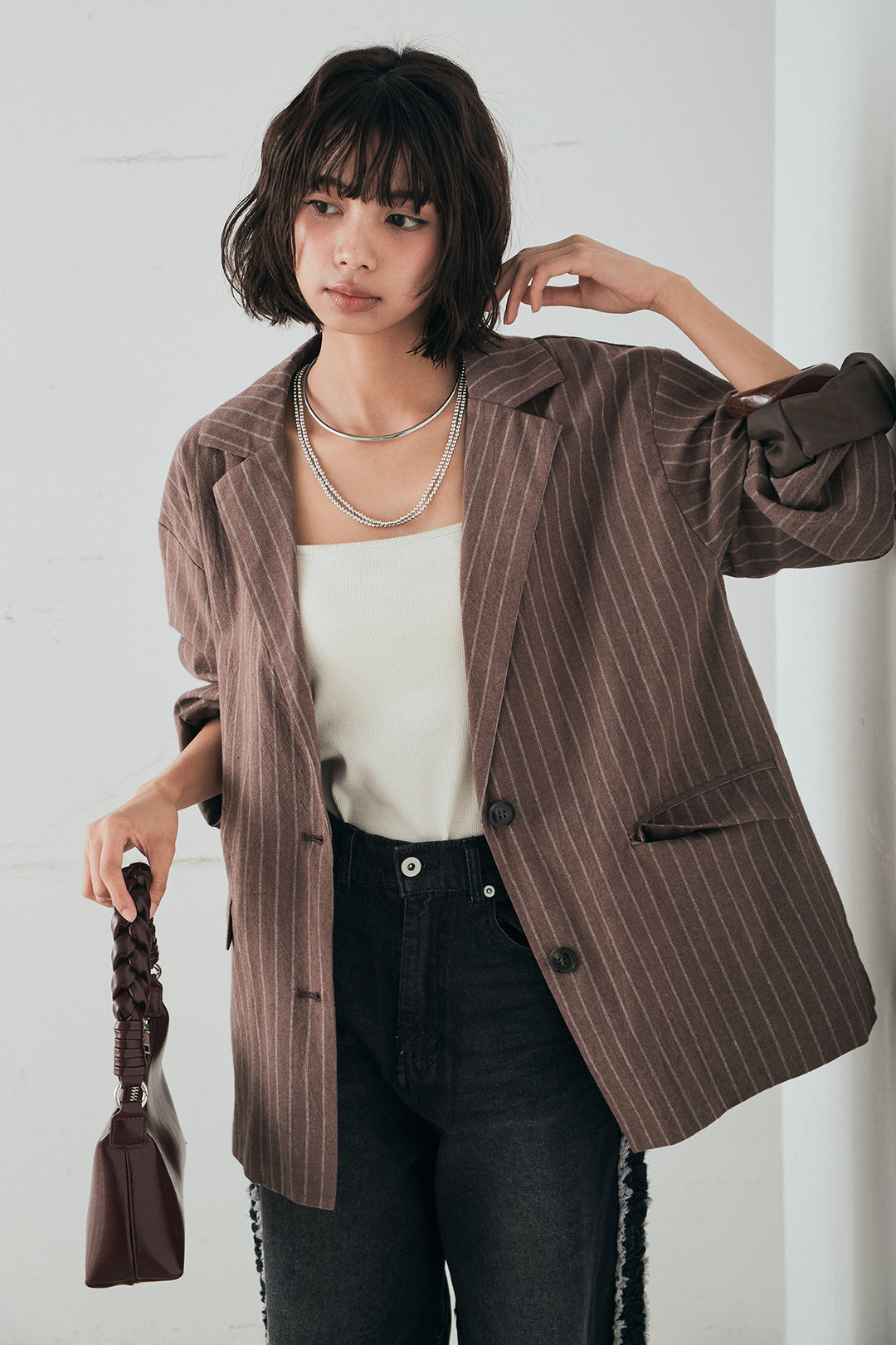 [SET]リネンライクストライプテーラードジャケット+デニムサイドフリルパンツ(2set)