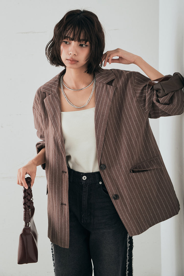 [SET]リネンライクストライプテーラードジャケット+デニムサイドフリルパンツ(2set)