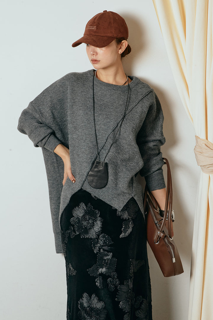 [SET]アシンメトリーデザインニットトップス+フラワー刺繍ワイドスカート(2set)