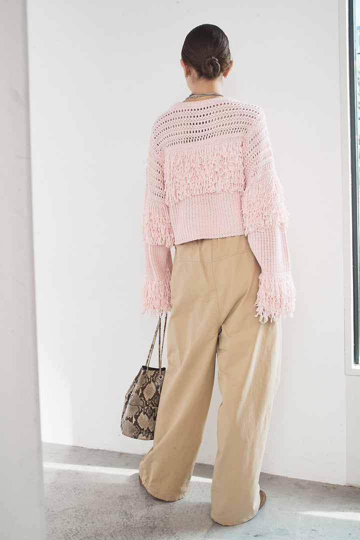 [SET]メッシュフリンジ切り替えプルオーバー+合繊ツイルスタンドウエスト巻きジョガーパンツ(2set)