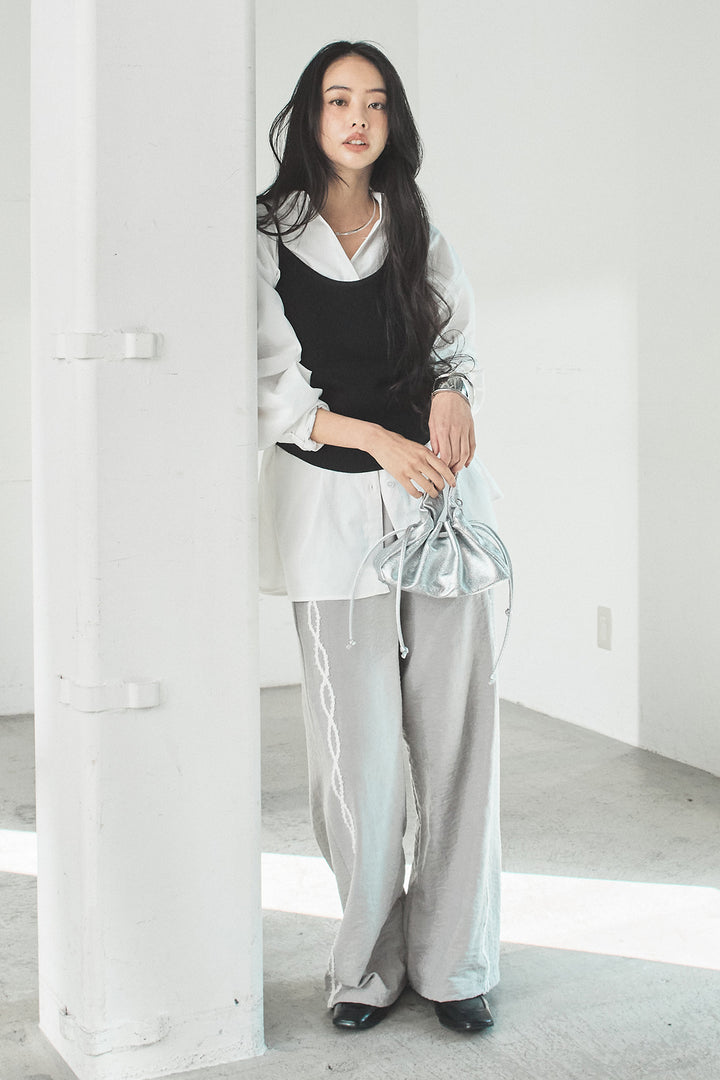 [SET]ニットキャミ付きシャツ+刺繡テープラインパンツ(2set)