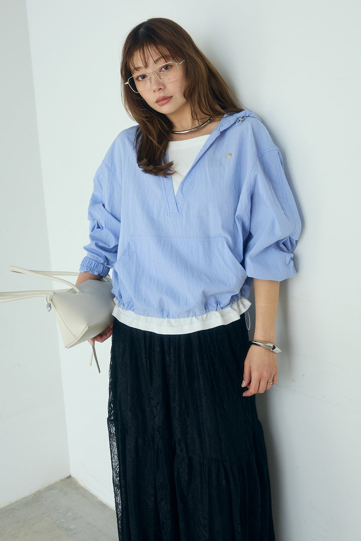 [SET]レイヤードデザインフーディートップス+ひげレース切替ロング丈スカート(2set)