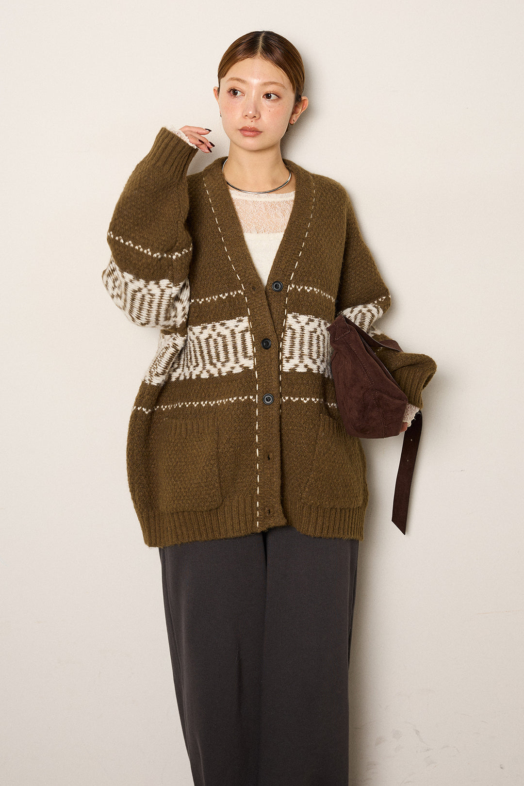 [SET]ライン柄ステッチニットカーディガン+裏起毛スウェットワイドパンツ(2set)