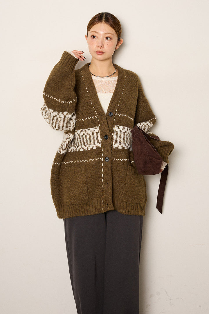 [SET]ライン柄ステッチニットカーディガン+裏起毛スウェットワイドパンツ(2set)