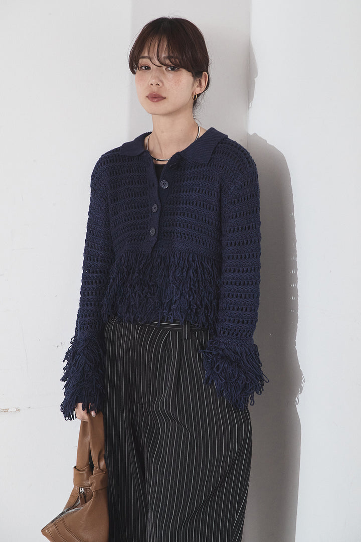 [SET]メッシュフリンジカーディガン+ヘリンボーンストライプツータックパンツ(2set)