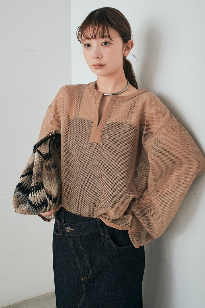 [SET]メッシュカットソースキッパープルオーバー+ウエストクロスデニムタイトスカート(2set)