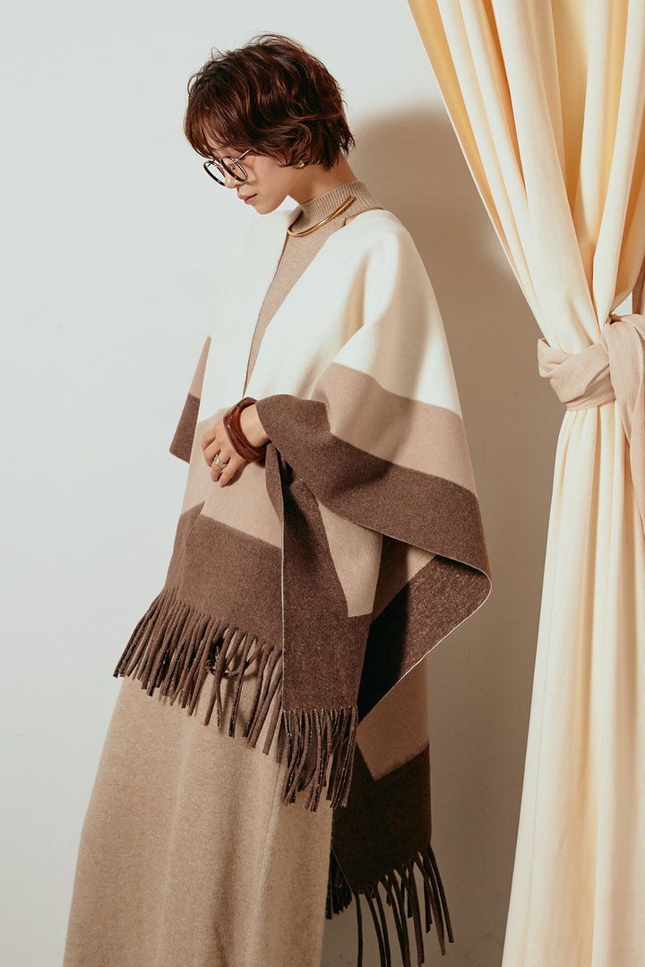 [SET]裾フリンジ柄ポンチョアウター+ノースリーブニットロングワンピース(2set)