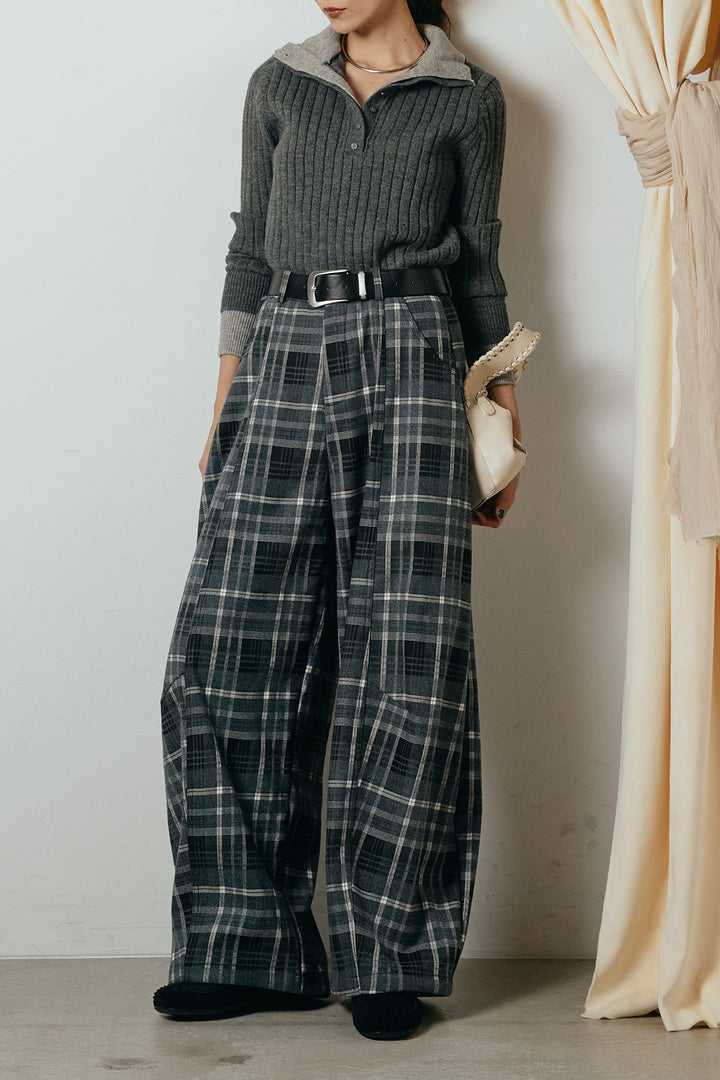 [SET]レイヤード風リブニットトップス+ベルト付きタータンチェックカーブワイドパンツ(2set)