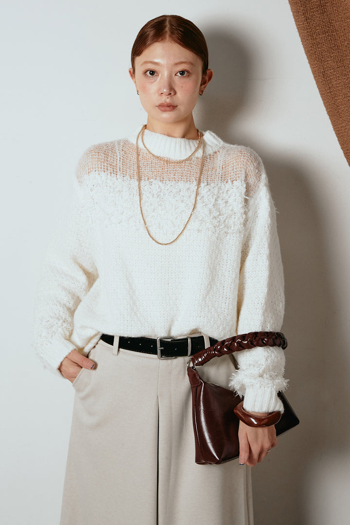 [SET]パターンランダム編みニットトップス+ベルト付きフロントタックデザインパンツ(2set)