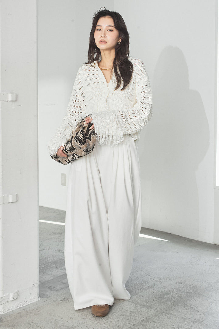 [SET]メッシュフリンジカーディガン+編みベルト付きウエストタックワイドパンツ(2set)