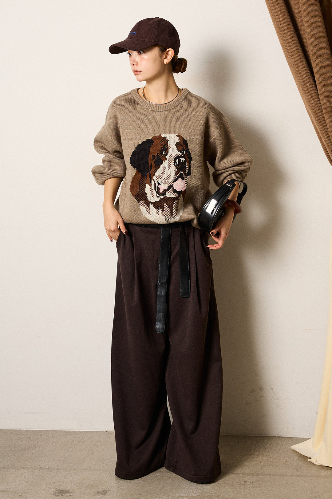 [SET]アニマルジャガード柄ニットトップス+巻ベルトウエストレザーライクワイドパンツ(2set)