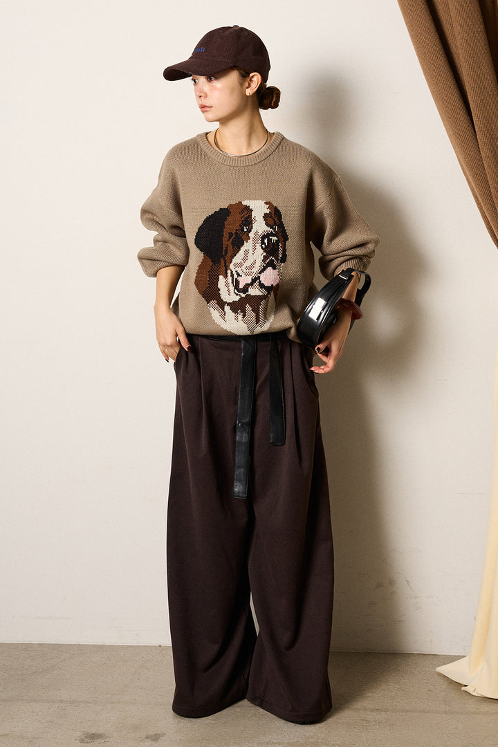 [SET]アニマルジャガード柄ニットトップス+巻ベルトウエストレザーライクワイドパンツ(2set)