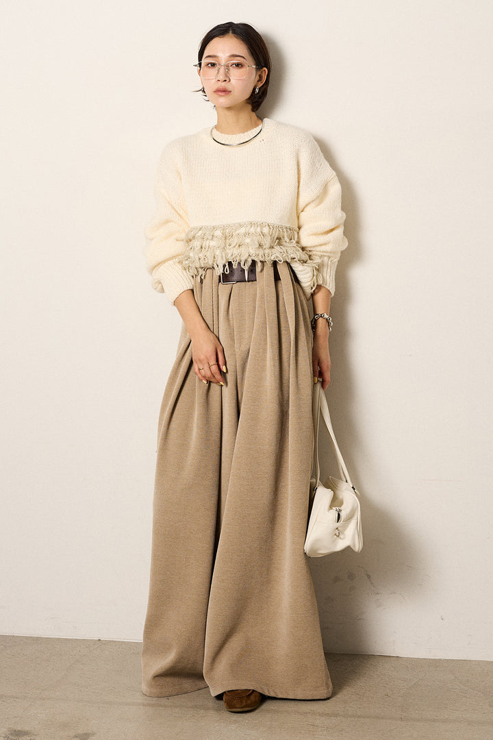[SET]ループ編み切り替えニットプルオーバー+ベルトループコーデュロイワイドパンツ(2set)