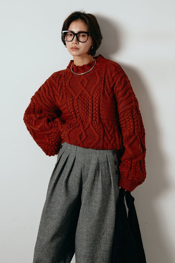 [SET]アラン柄ミックスケーブルニット+サイドボタンツイードタックパンツ(2set)