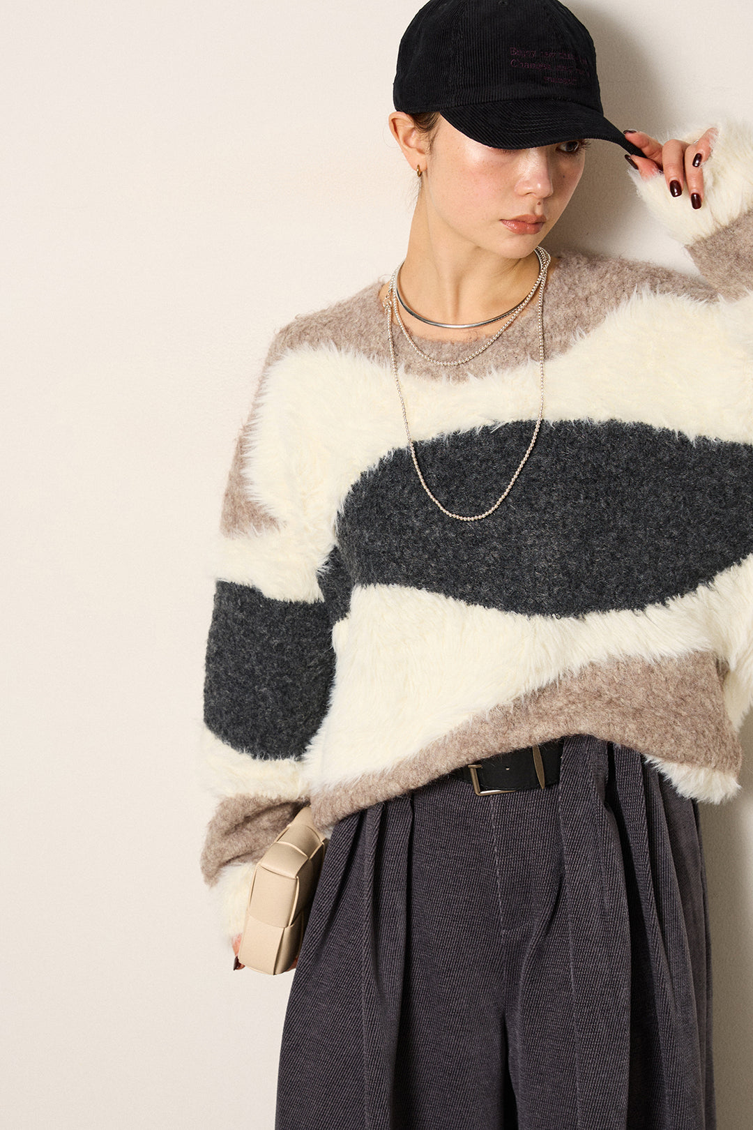 [SET]シャギーウェーブ柄クルーネックニットトップス+ベルトループコーデュロイワイドパンツ(2set)