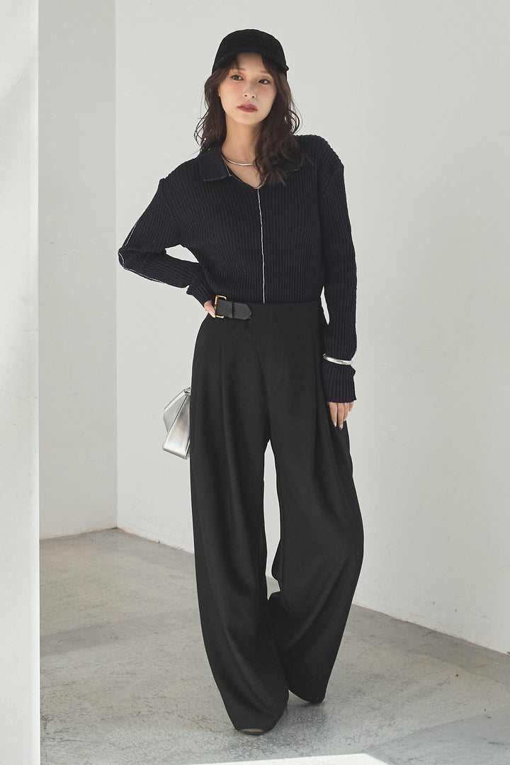 [SET]衿付きニットプルオーバー+サイドベルトタック入りスラックス(2set)