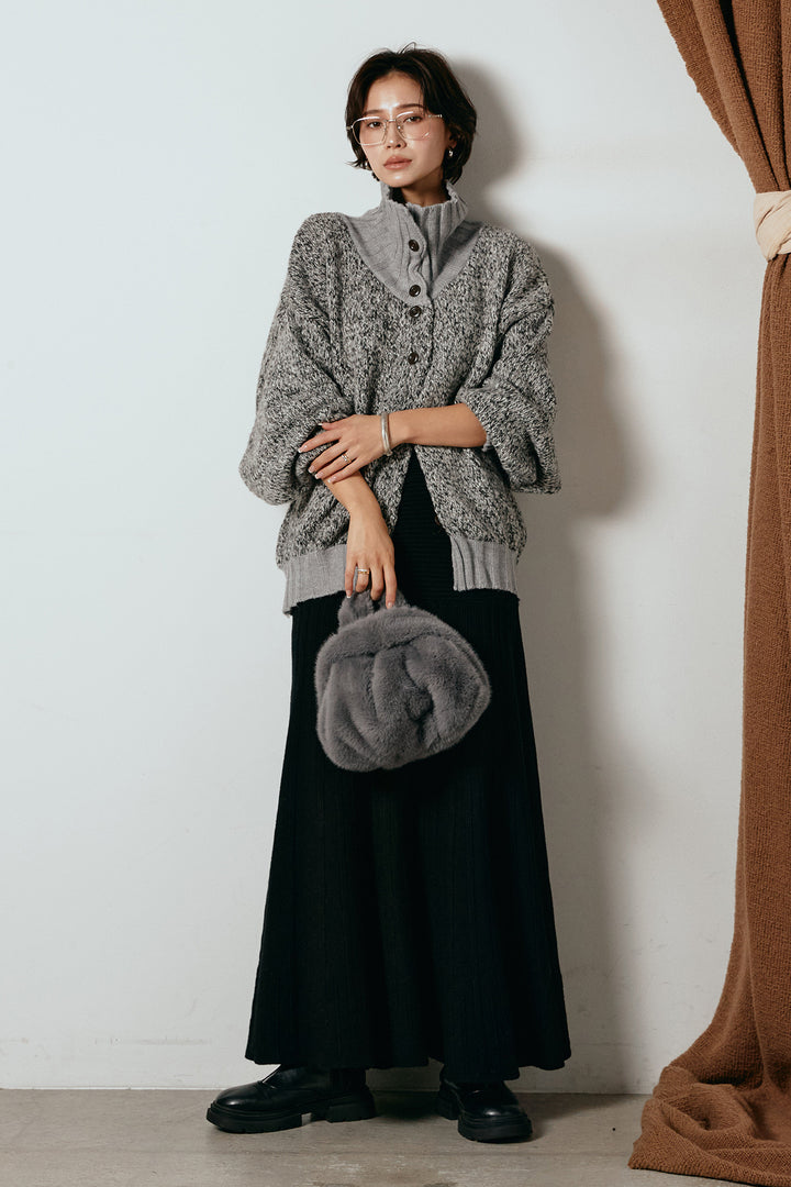 [SET]ハイネックミックスニットカーディガン+編み地切り替えフレアニットスカート(2set)
